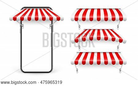 Smartphone With Shop Sunshade And Metal Mount, Online Internet Shopping. Realistic Red Striped Cafe 