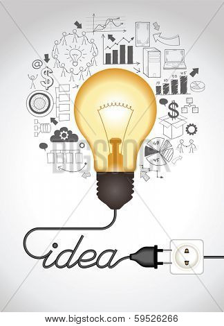 Concept of productive business ideas. Lightbulb with drawing graphics around. Lamp is plugged. Cable forms a word idea. The file is saved in the version AI10 EPS. This image contains transparency.