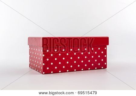 Red Polka Dots Box On White Background.