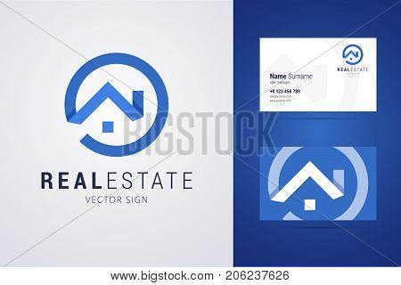 Real estate logo and business card template. Outline style house sign with overlapping shadow effects. Vector illustration for print or web