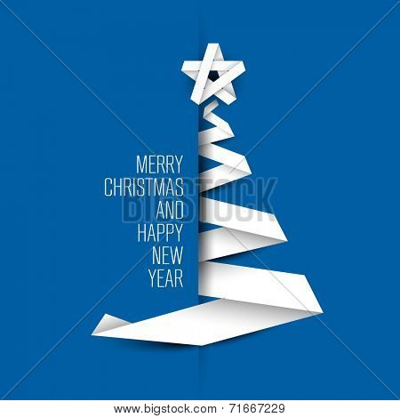 Simple blue vector christmas tree made from paper stripe - original new year card