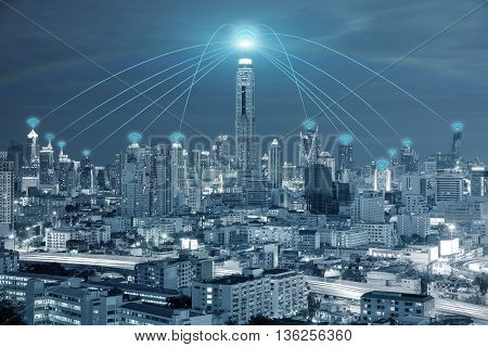 Technology Network and Conection concept - Wifi network connection in center business district use for wifi network connection background.