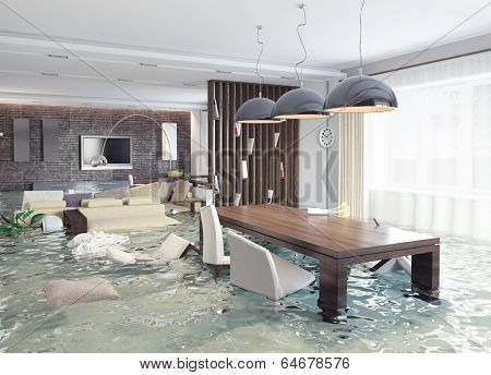 flooding in luxurious interior. 3d creative concept