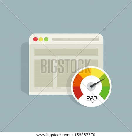 Website speed loading time vector icon isolated, web browser with speedometer test showing fast good page loading time illustration, seo analyzer, optimization, performance