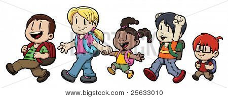 Five cute cartoon kids walking to school. All character on separate layers for easy editing.