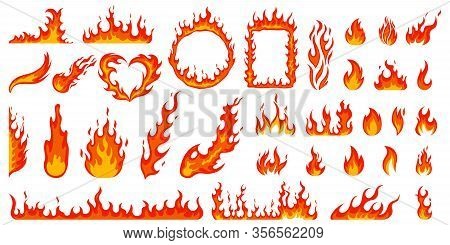 Cartoon Campfire. Fire Flames, Bright Fireball, Heat Wildfire And Red Hot Bonfire, Campfire, Red Fie