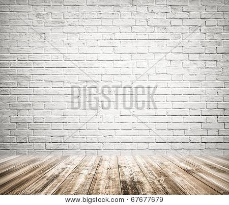 Background of age grungy texture white brick and stone wall with light wooden floor with whiteboard inside old modern and contemporary empty interior, blank color horizontal space of clean studio room