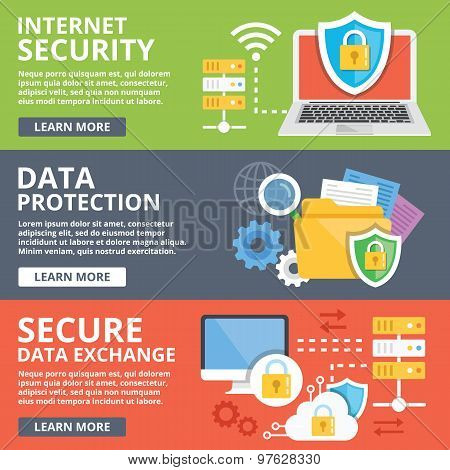 Internet security, data protection, secure data exchange, cryptography flat illustration concepts