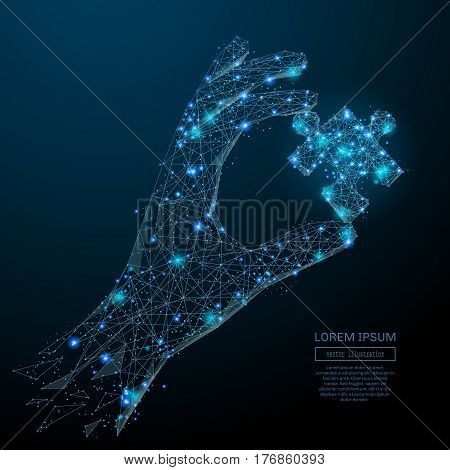 Abstract image of a hand holding puzzle in the form of a starry sky or space, consisting of points, lines, and shapes in the form of planets, stars and the universe. Vector business wireframe concept.