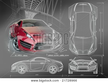 Sports car blueprints. Non branded concept car.