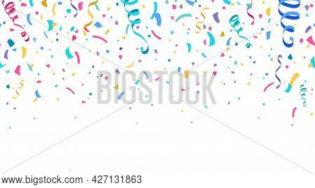 Colorful Confetti And Serpentine Ribbons Falling From Above. Streamers, Tinsel Vector Seamless Frame