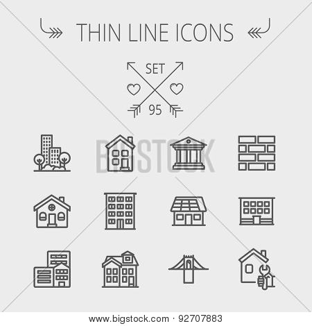 Construction thin line icon set for web and mobile. Set includes - museum, house with solar panel, bridge, building, bricks, hotel. Modern minimalistic flat design. Vector dark grey icon on light grey