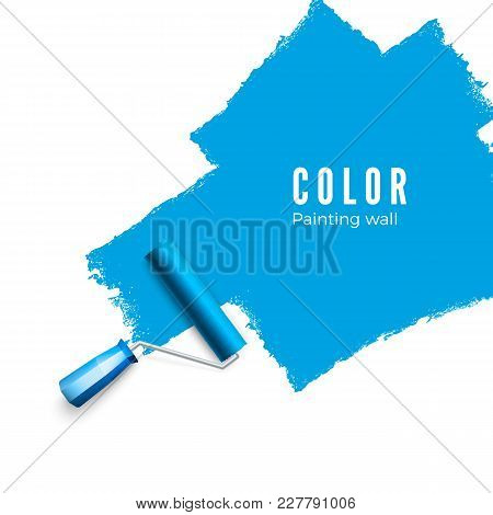 Paint Roller Brush. Color Paint Texture When Painting With A Roller.  Painting The Wall In Blue. Vec