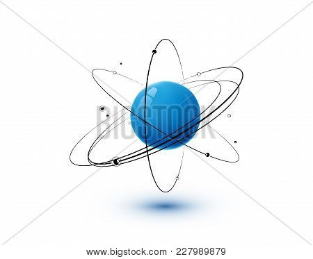 Atom With Blue Core, Orbits And Electrons Isolated On White Background. 3d Nuclear Chemistry Technol