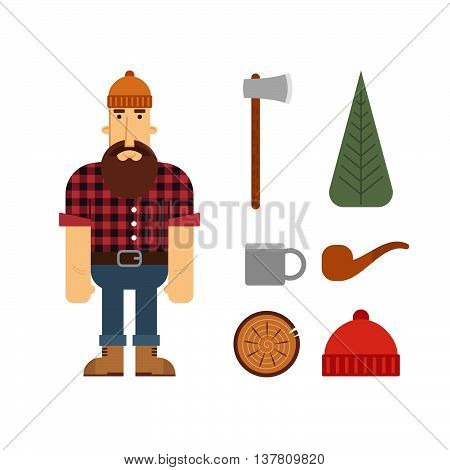 Vector Lumberjack cartoon character with lumberjack icons. Lumberjack isolated on white background. Lumber axe wood pipe and beanie.