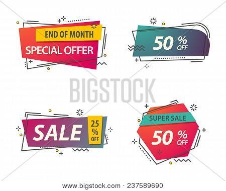 Badges Or Labels With Geometric Shapes For Retail, Linear Voucher For Sale Discount Or Promotion. St