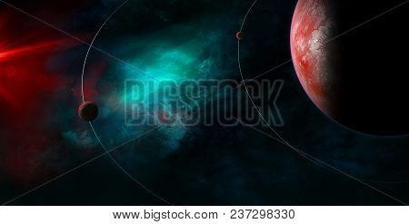 Celestial Art, Small Planets Orbiting Around Big Planet. Stars And Galaxies In Outer Space Showing T