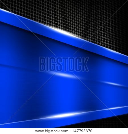 blue metal frame on black metallic mesh. metal background. 3d illustration.