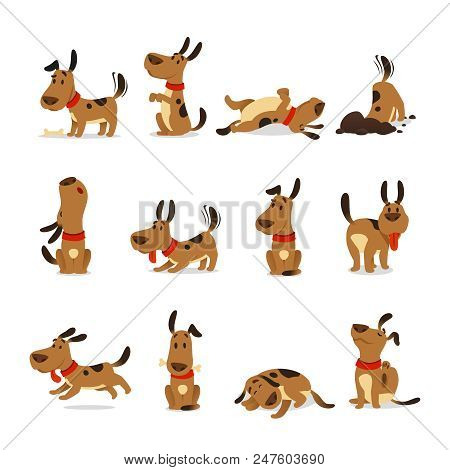 Cartoon Dog Set. Dogs Tricks Icons And Action Training Digging Dirt Eating Pet Food Jumping Wiggle S