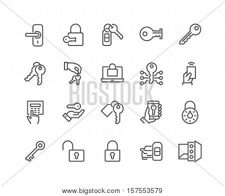 Simple Set of Keys and Locks Related Vector Line Icons. Contains such Icons as Car Keys, Electronic opener, Pin Pad and more. Editable Stroke. 48x48 Pixel Perfect.