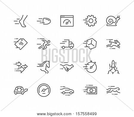 Simple Set of Speed Related Vector Line Icons. Contains such Icons as Cheetah, Snail, Express Delivery, Rocket, Race and more. Editable Stroke. 48x48 Pixel Perfect.