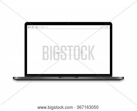 Laptop With Browser On Screen. Computer Icon With Search Bar And Magnifier. Notebook Mockup With Web