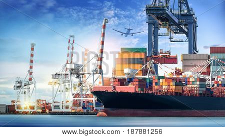 Logistics and transportation of International Container Cargo ship and cargo plane in the ocean at twilight sky Freight Transportation Shipping