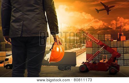 Working Man In Container Dock And Land ,air Transport ,import Export Logistic Cargo Freight And Ship