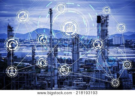 Industry 4.0 concept image. industrial instruments in the factory with cyber and physical system icons Internet of things network smart factory solution