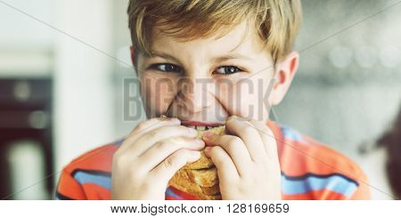 Boy Child Kid Bread Sandwich Starving Eating Concept