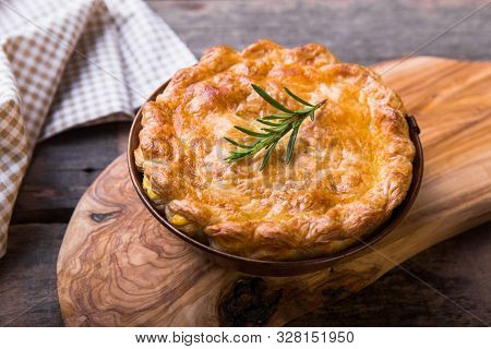 Pot Pie. Individual Chicken Pot Pie With Puff Pastry Crust. Top View