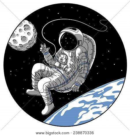 Astronaut Or Cosmonaut In Open Space Vector Illustration. Sketch Retro Design Of Astronaut In Space 