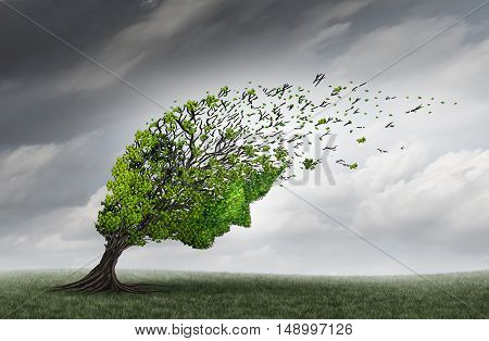 Psychological trouble and mental health adversity crisis as a tree shaped as a human head being torn or stressed by strong winds as a psychiatry or psychology icon with 3D illustration elements.