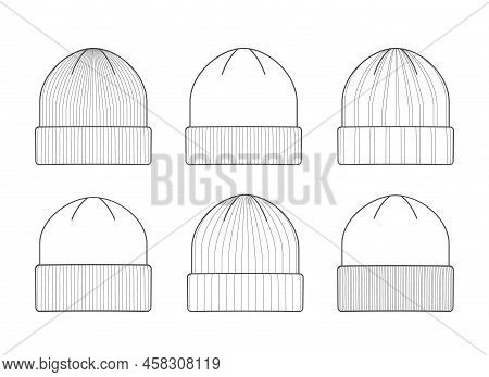 Wool Beani Caps. Beanies Running Cap Sketches, Flat Beanie Templates, Winter Knitted Designed Hats, 