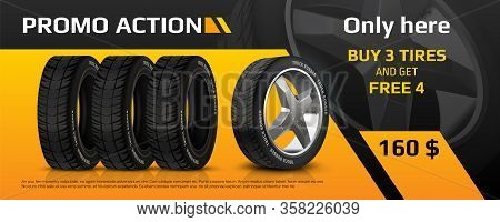 Realistic Tire Banner. Car Wheel Repair And Auto Rubber Advertising Flyer, Automobile Information Br