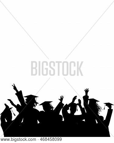 Cheerful Graduate Students With Academic Caps, Silhouette. Graduation At University Or College Or Sc