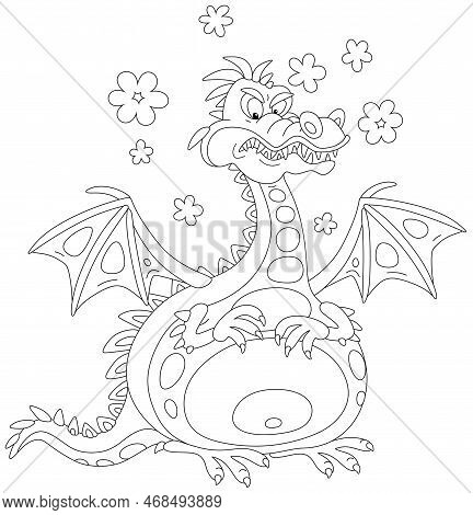 Funny Fat Toy Dragon With Clouds Of Smoke, Black And White Outline Vector Cartoon Illustration For A