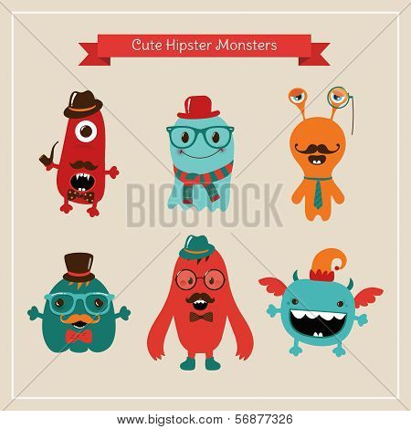 Vector Cute Retro Hipster Monsters Set