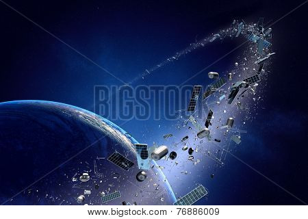 Space junk orbiting around earth - Conceptual of pollution around our planet (Texture map for 3d furnished by NASA)