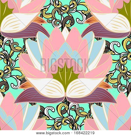 Oriental pattern of stylized pink lotus flowers and curved leaves on light blue background. Vector seamless repeat.