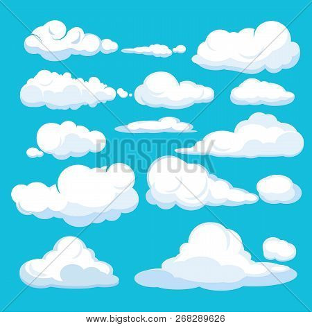 Cartoon Clouds. Blue Sky Aerial Cloudscape Blue Clouds Different Forms And Shapes Vector Illustratio