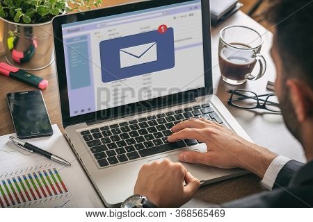 Email Message Inbox Notification On Laptop Screen, Business Background