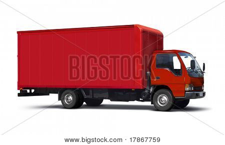 Red transport truck isolated on white.