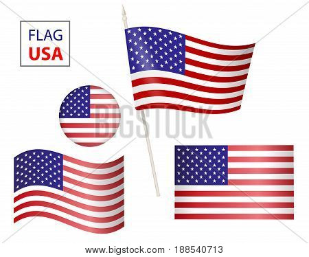 The USA vector flag. set of united states flag american symbol wavy shape. USA flag in form circle icon. Flag US on a transparent background.