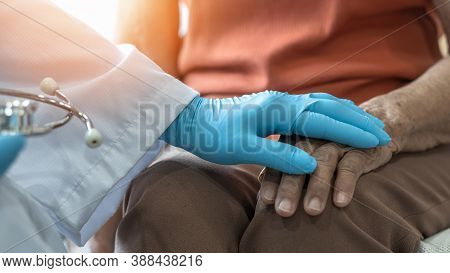 Parkinson's Disease Patient, Arthritis Hand And Knee Pain Or Mental Health Care Concept With Geriatr