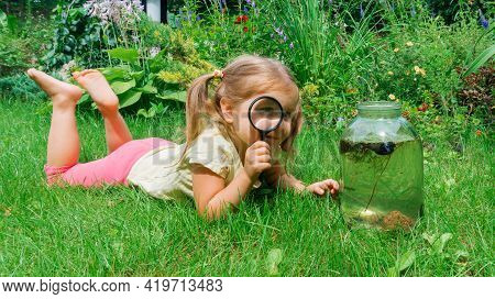 A Cute Little Girl Looks Through A Magnifying Glass And Smiles. Young Researcher Of Nature And The E