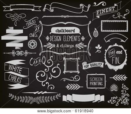 Chalkboard Design Elements and Etchings - Blackboard clip art and design elements,  including frames, ribbons, banners, dividers, branches, brackets and typography