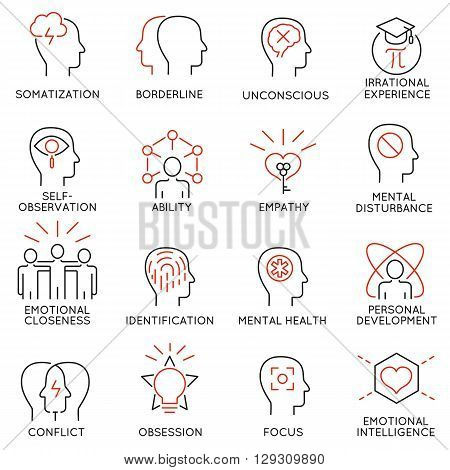 Vector set of 16 modern thin line icons related to mental features of human brain process mental disorders. Simple Mono line pictograms and infographics design elements and symbols - part 1