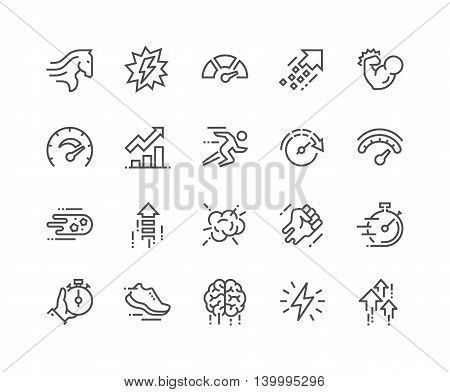 Simple Set of Performance Related Vector Line Icons. Contains such Icons as Power, Speed, Graph, Sprint, Boost, Brain, Gain and more. Editable Stroke. 48x48 Pixel Perfect.