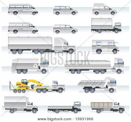 Vector transportation icon set. Trucks and vans